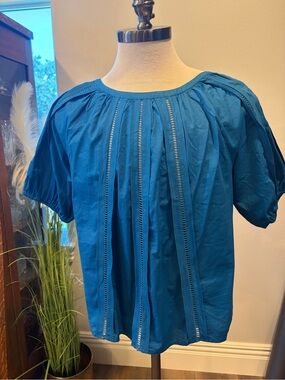 NWT LOFT Teal Blue Pintuck Ladder-Trim Short Sleeve Blouse